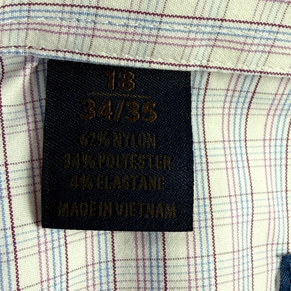 David Donahue Mens 18 34/35 Blue‎ Gold Plaid Performance Trim Fit Dress Shirt
